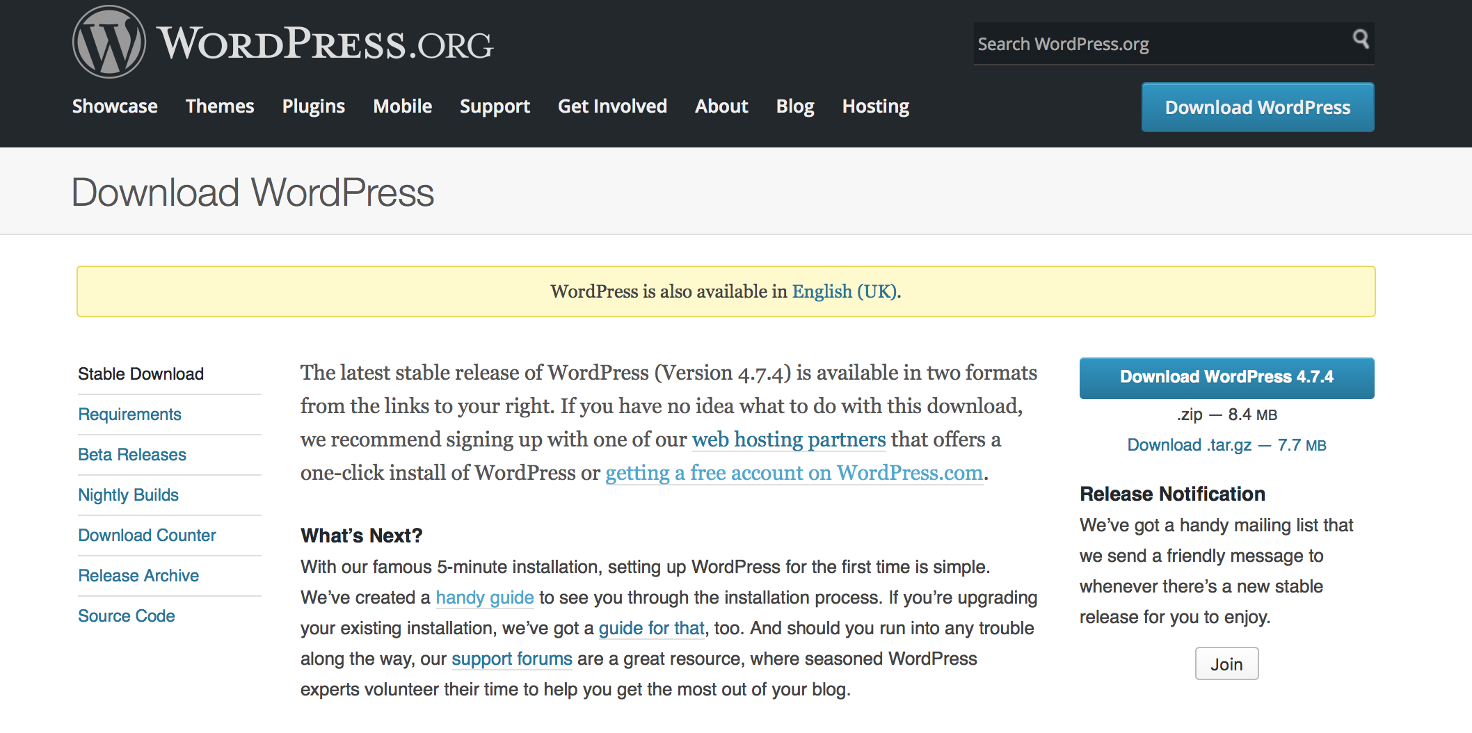 WordPress download page