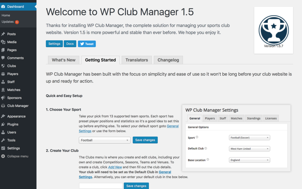 WP Club Manager welcome page